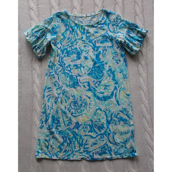 LILLY PULITZER Girl's Mini Lindell Dress Bennet Blue Shell Puff Sleeve, XL 12 14 - Picture 3 of 7